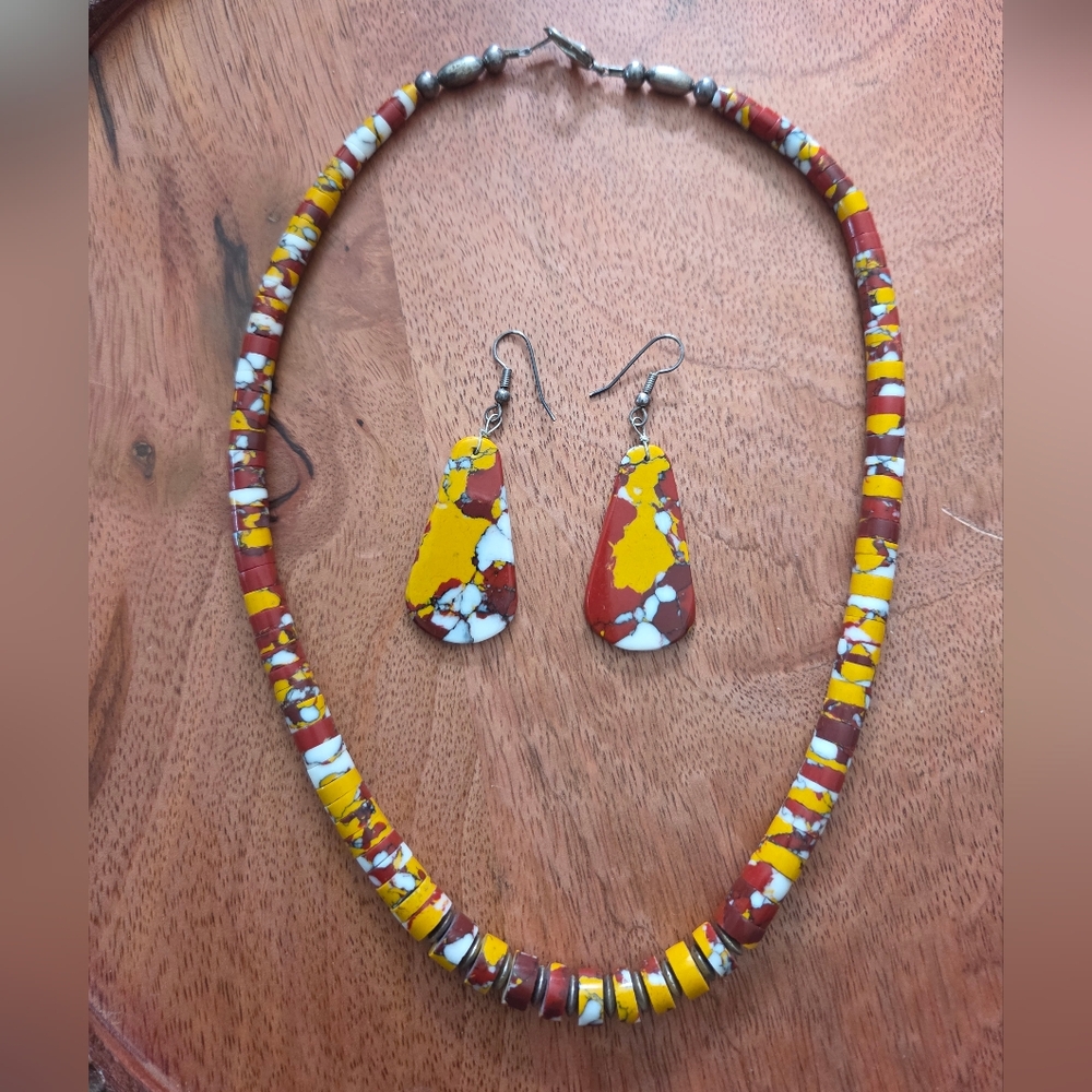 Vintage Compressed Shells & Stones Beaded Necklace Slab Earring Set Southwestern